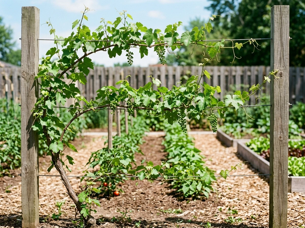 Grape vine trained on horizontal trellis wires with tendrils and small clusters