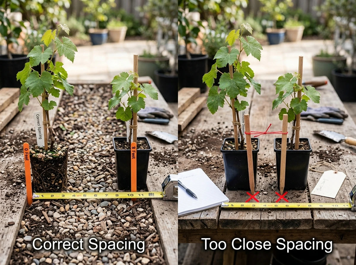Plant spacing comparison for grapevines using measuring tape and markers