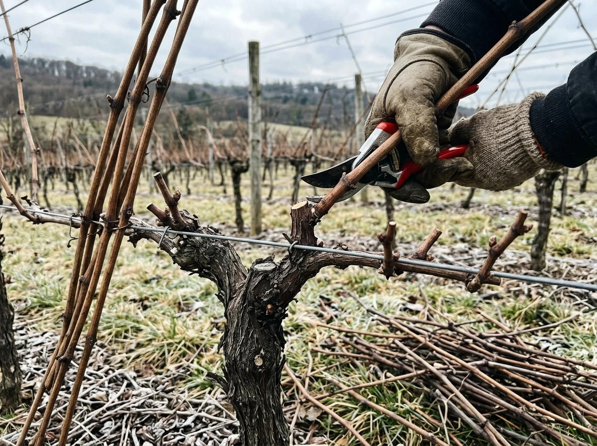 Pruning dormant grapevine canes with hand pruners during winter