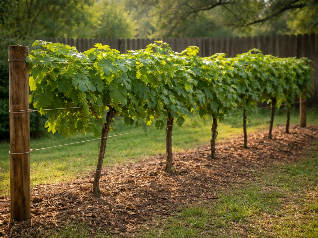 Grape vines on a simple trellis with lush green leaves in a warm Louisiana-style backyard