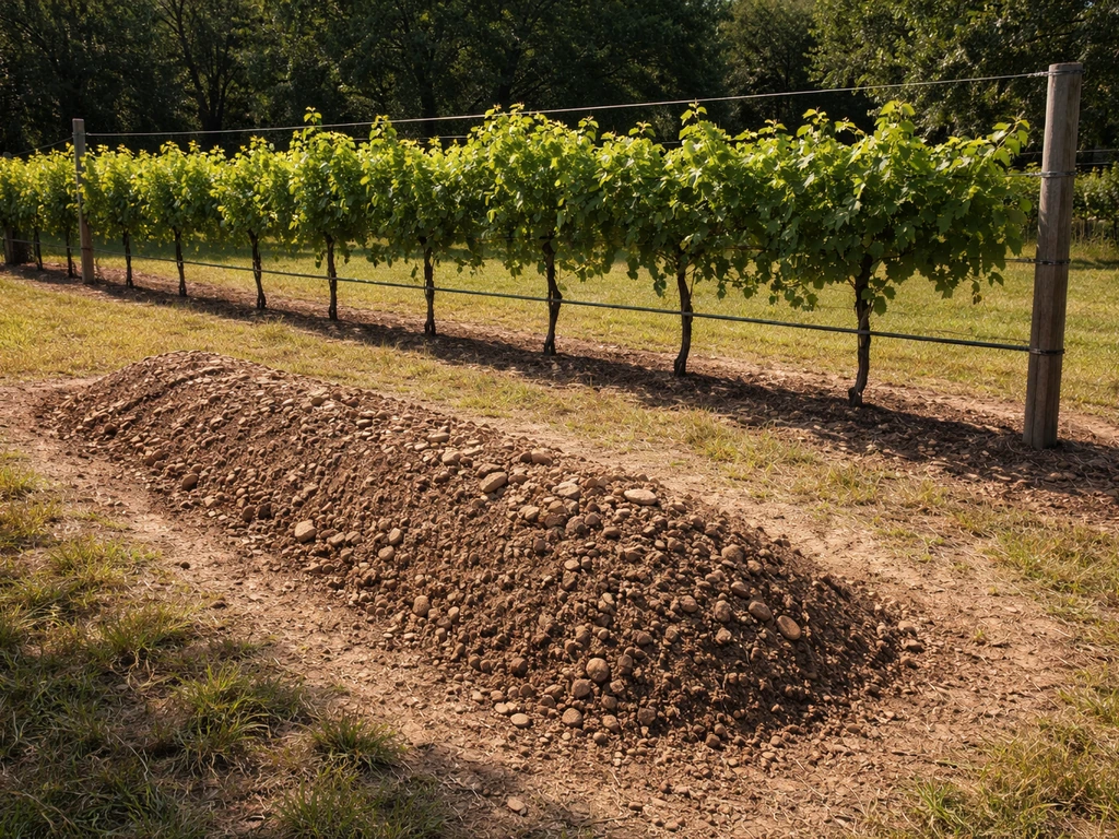 Grapevine trellis in full sun beside a raised planting mound with improved drainage soil