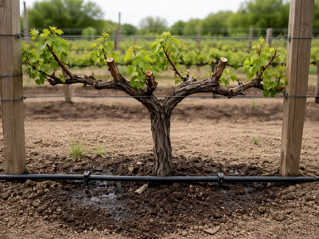 Pruned grapevine on a trellis with drip irrigation lines watering soil in a quiet vineyard row.