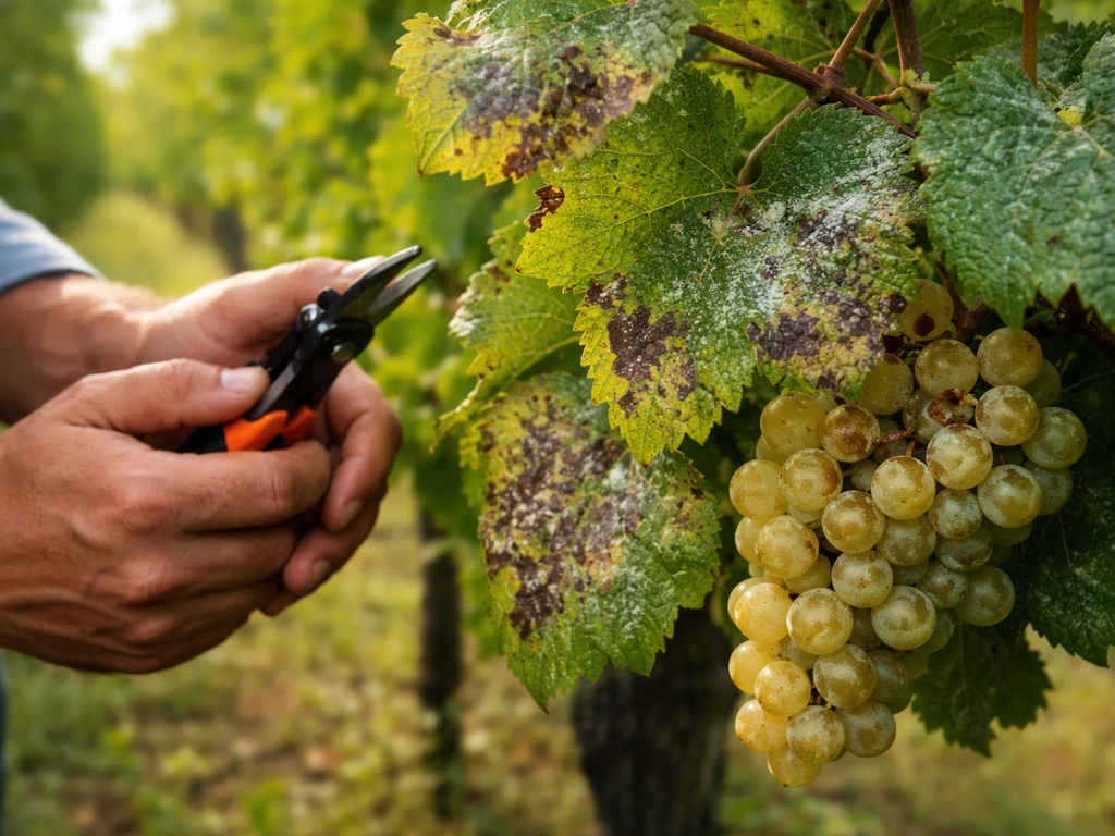 Close-up of Louisiana grape leaves and a cluster with mildew-like spots and a vineyard worker holding pruning tools
