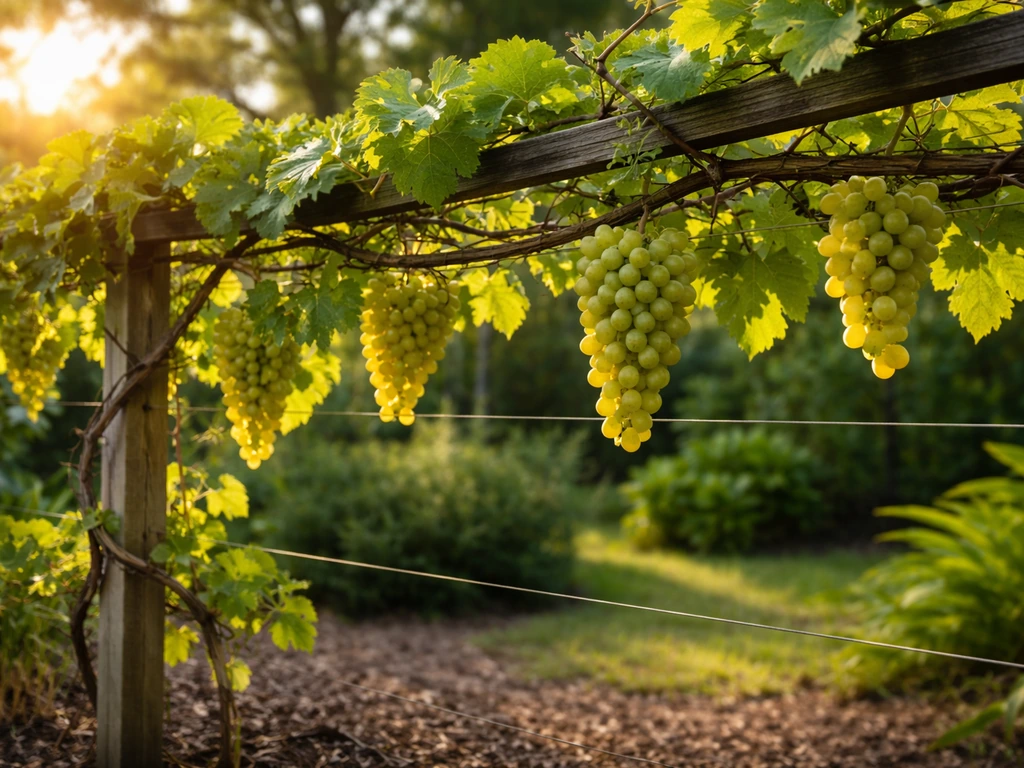 Healthy grape vines on a backyard trellis in warm Florida sunlight with visible grape clusters.