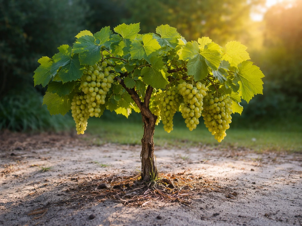 Minimal photo of grapevine in sandy North Florida soil with a subtle directionally lit hint of cooler zone.