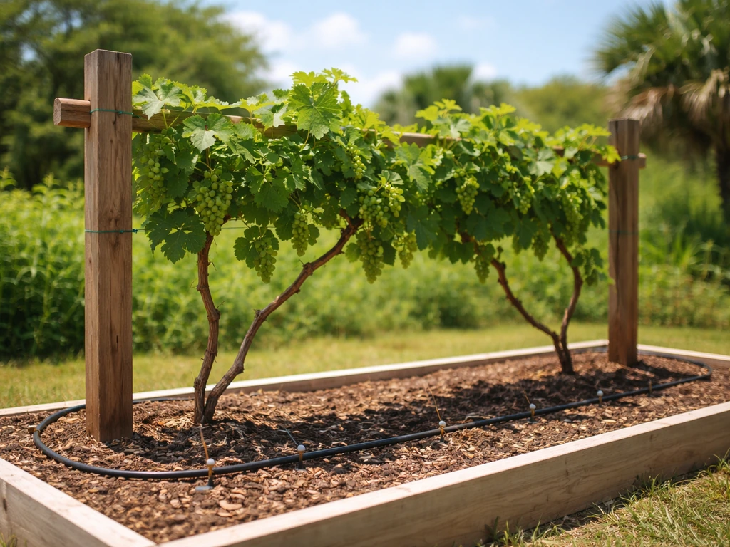 Sunny raised bed with grape trellis and drip irrigation hose in a well-draining Florida garden.