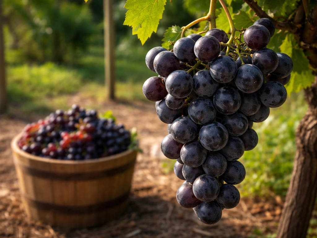 Close-up of red wine-grape clusters on the vine with a bucket of grapes for winemaking, Florida setting