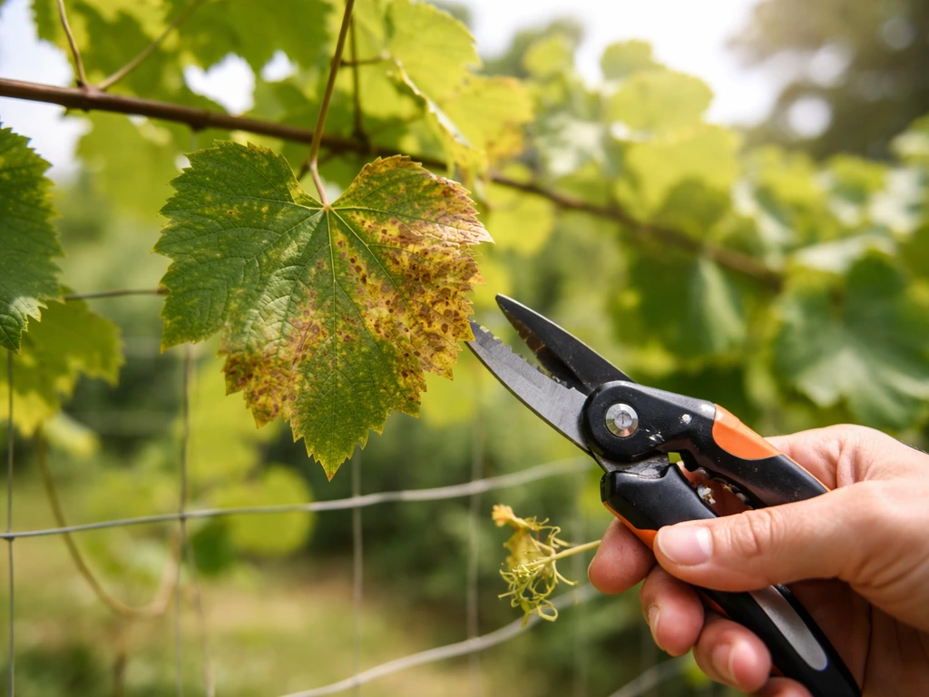Close-up of Florida grape leaves with minor spots, hand holding pruning shears near vines
