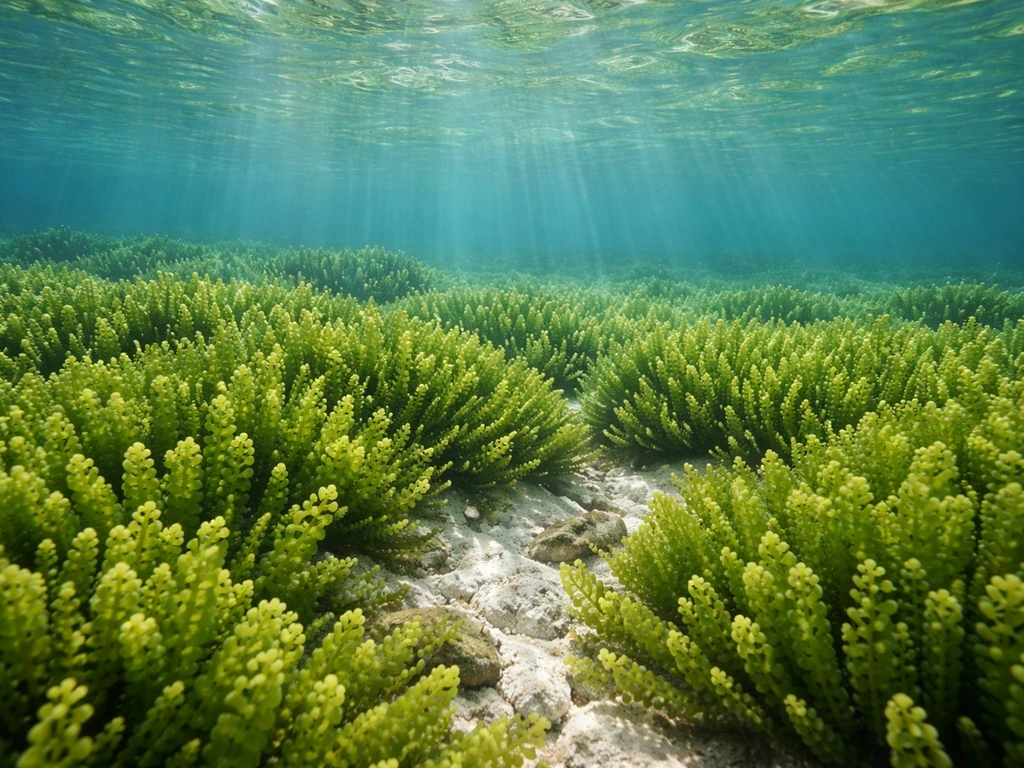 Sea grapes carpet a clear shallow seabed with sunlit green fronds in coastal water