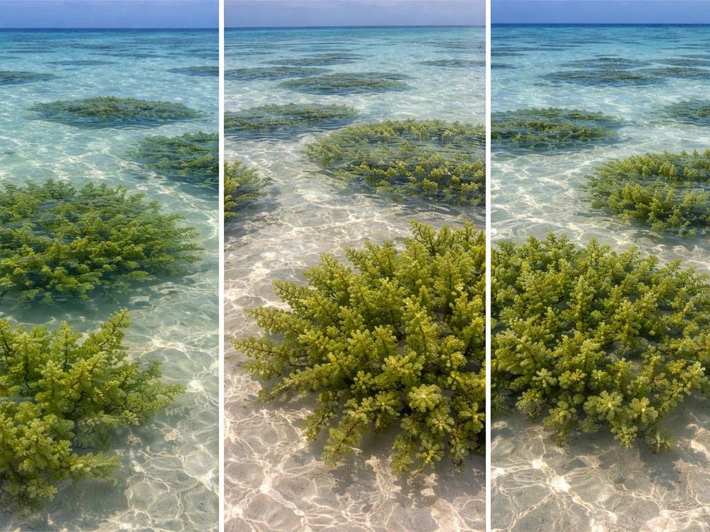 Three minimal coastal photos showing Caulerpa sea grape patches in shallow tropical waters.