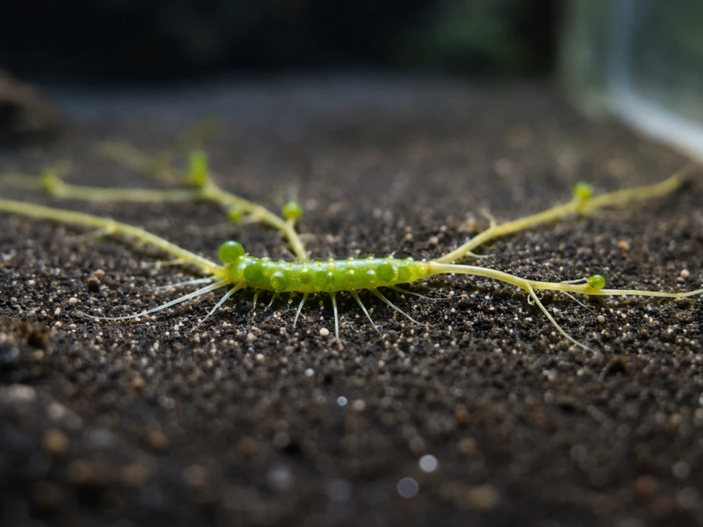 Macro close-up of green Caulerpa stolons spreading over wet sandy substrate with rhizoids anchored.