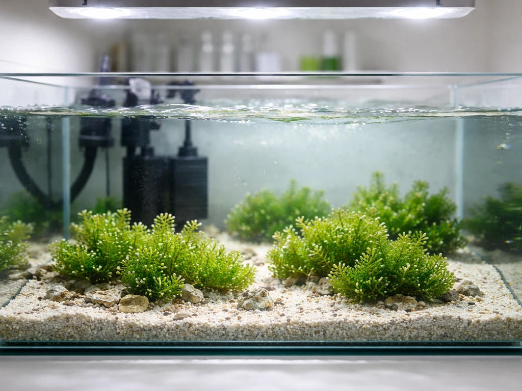 Bright light over an indoor aquarium propagation tank with calm saltwater and sea grapes.