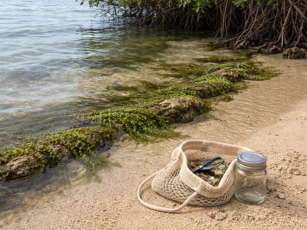 Low-tide seagrass and mangrove shoreline with sea grapes, with a mesh bag and lidded container for starter cultures