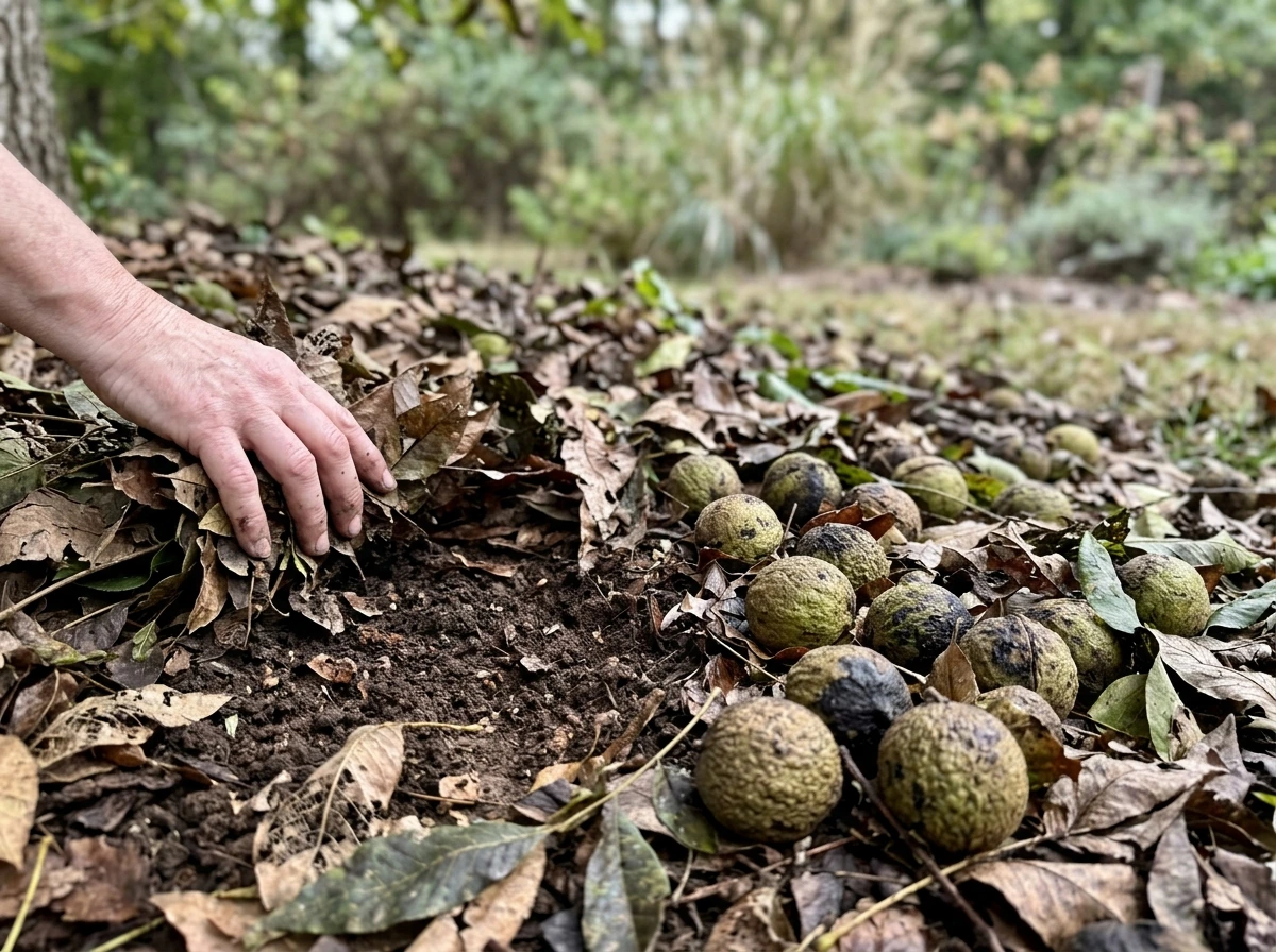 Black walnut leaves and hulls near soil to show juglone sources