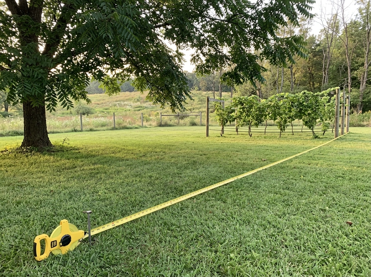 Black walnut and grape trellis separated by a long measured distance