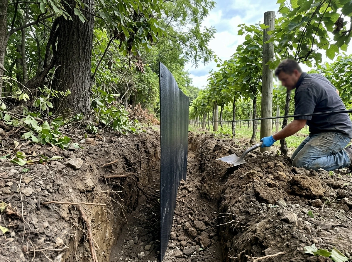 Vertical root barrier installed in-ground between walnut and grapes