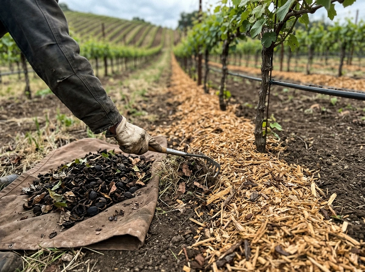 Removing black walnut leaf litter so it doesn’t mulch grape vines