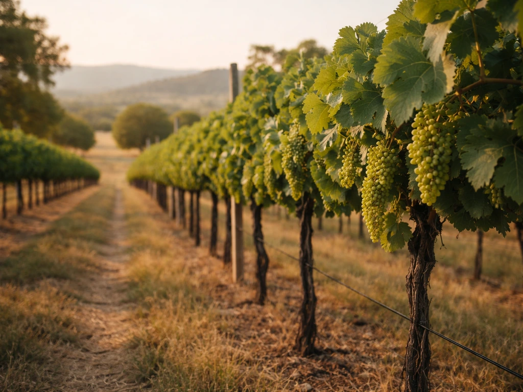 Realistic view of grape vines under Texas sky with a soft backdrop suggesting hardiness zones