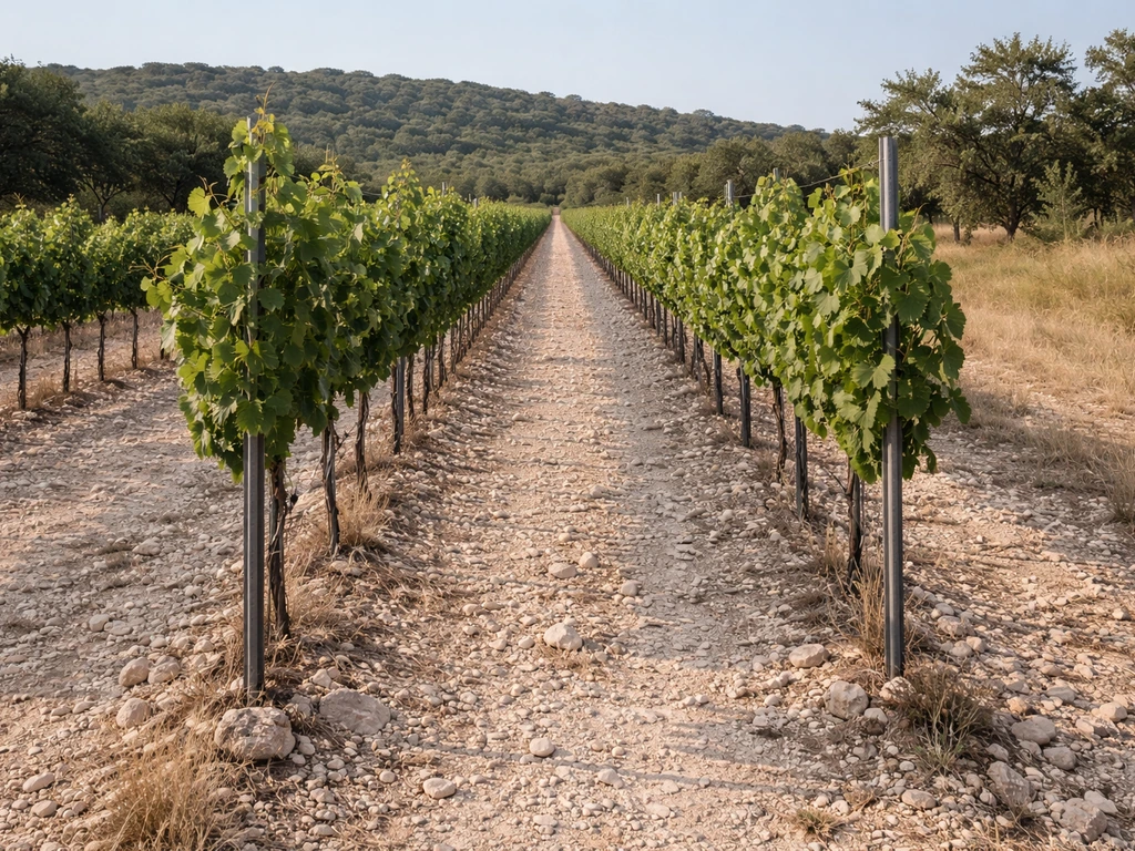 Trellised grapevines in a Central Texas Hill Country vineyard with pale limestone-like soil