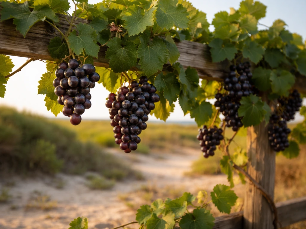 Muscadine grapevines with healthy fruiting clusters on a trellis near a warm coastal southern Texas landscape