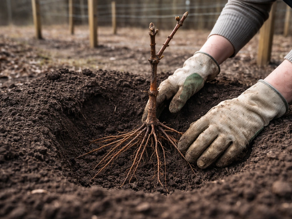 Bare-root grapevine being planted in a prepared hole next to installed trellis posts in winter.