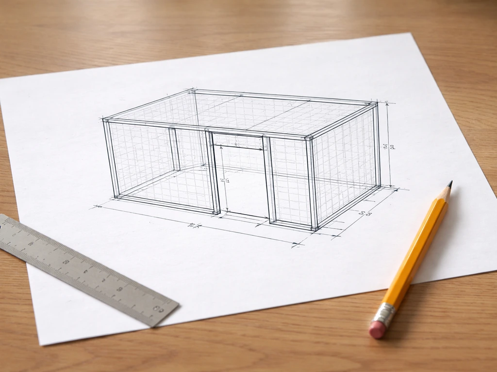 Minimal sketch showing a lovebird cage footprint with doorway placement and simple interior clearance lines.