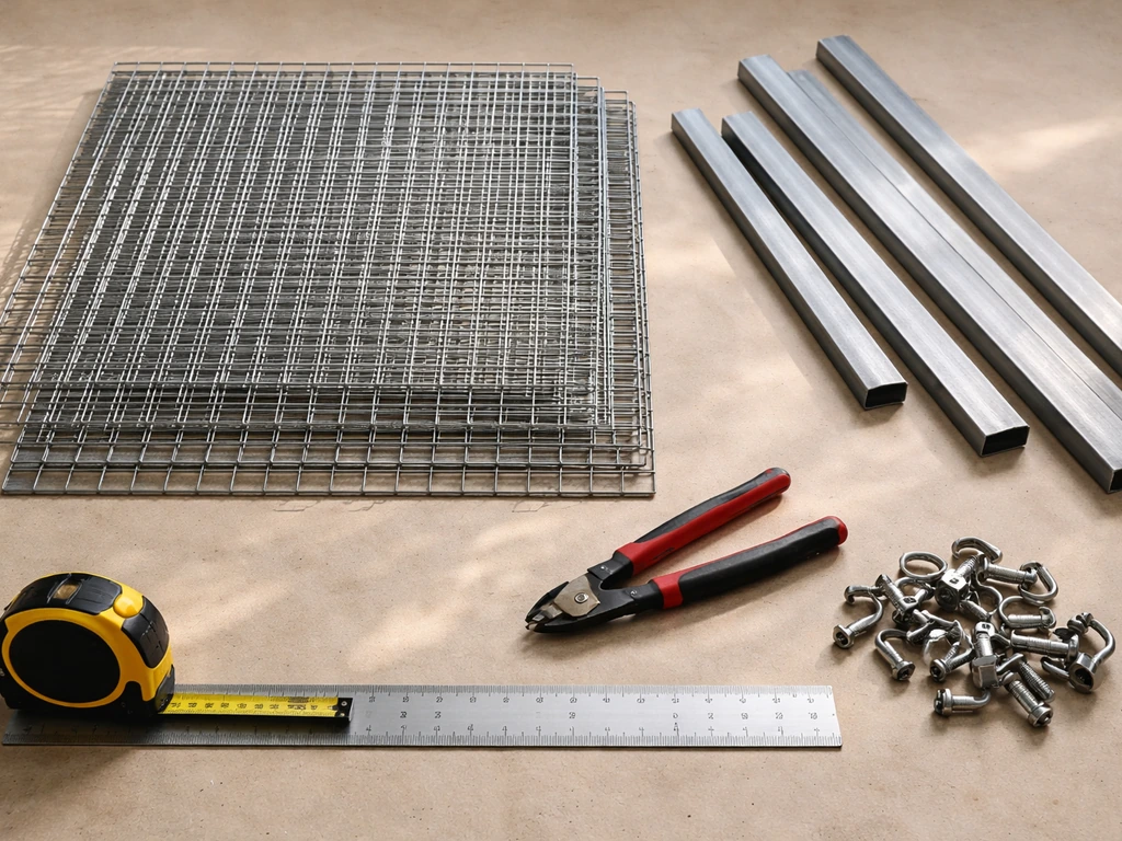 Overhead view of DIY welded wire mesh panels, metal frame pieces, and measuring tools on a workbench.