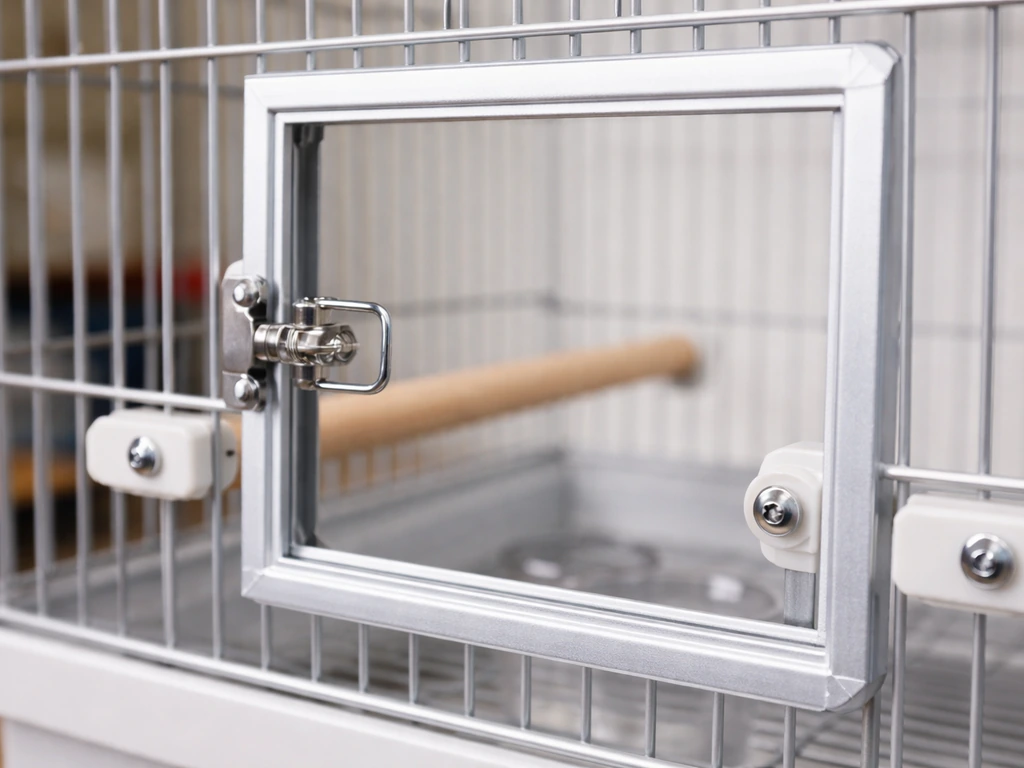 Close-up of a bird cage’s main door opening with an installed latch and nearby perch/feeder mounts.