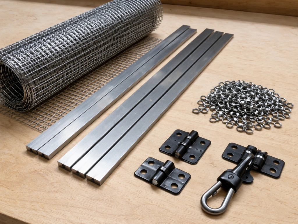 Bird-safe door build materials on a workbench: welded wire mesh, metal frame stock, hog rings, hinges, and latch.