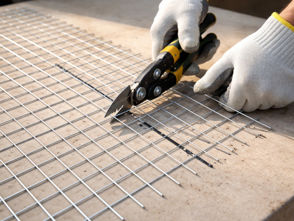 Hands cutting a marked wire mesh panel with heavy-duty snips on a workbench