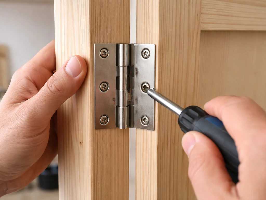 Hands mounting two hinges on a wooden door frame with a small spacer showing a 3–4 mm gap.