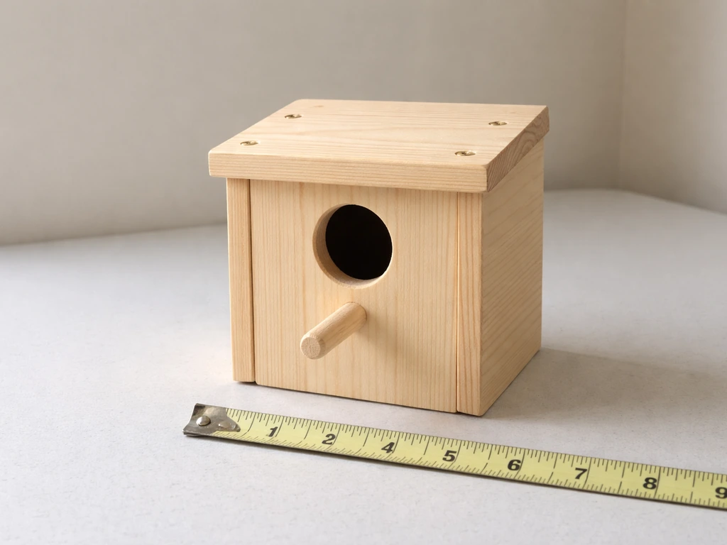 Small bird nesting box with entry hole beside a measuring tape on a simple tabletop.