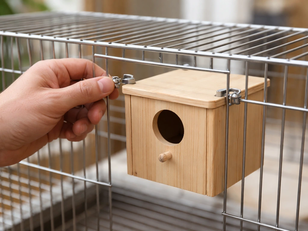Hand attaching clips and clamps to mount a nesting box onto a simple metal-bar cage