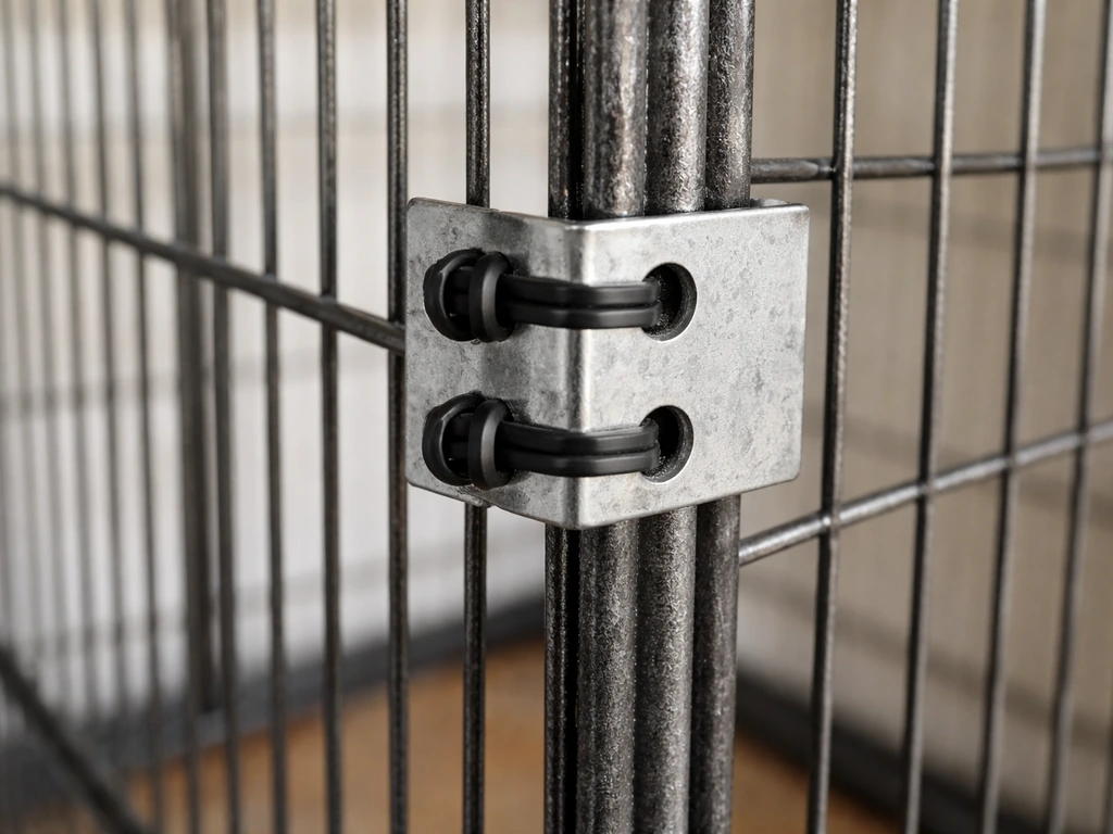Close-up of zip ties threading through a metal bracket and around cage bars, ends trimmed safely away