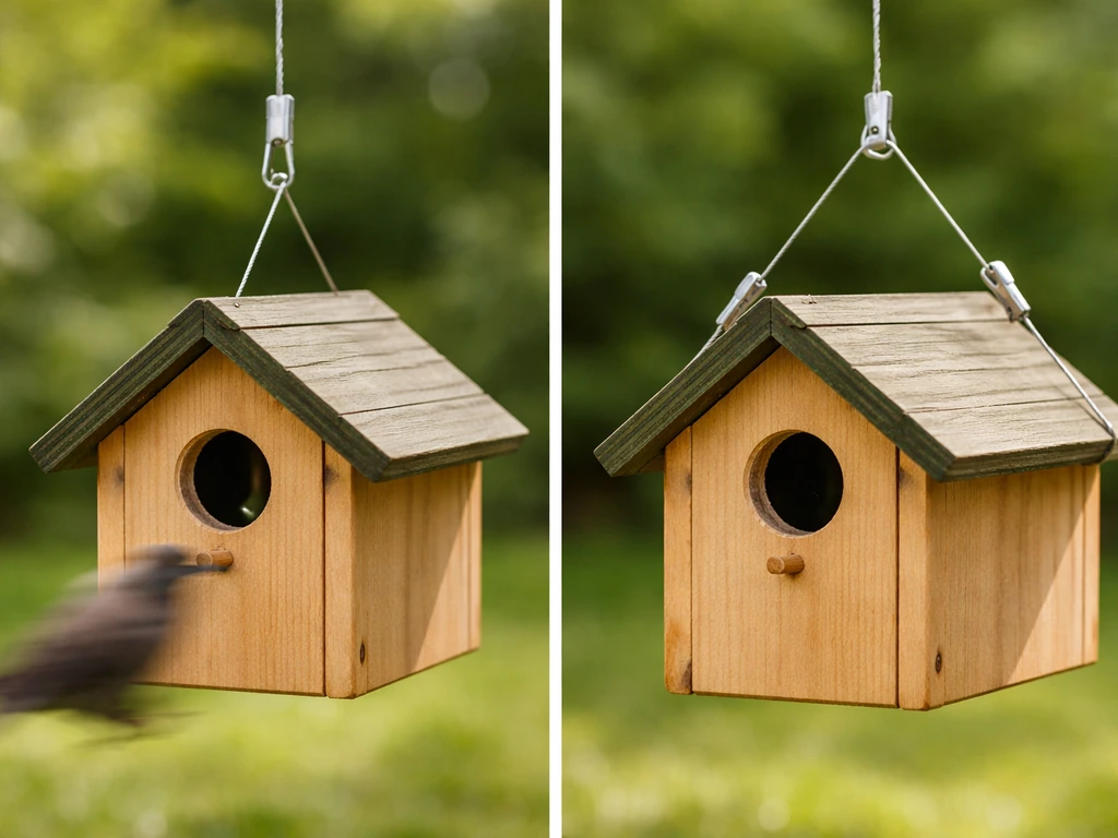 Close view of a birdbox tether showing wobbling single clip versus stable dual clips during simulated entry/exit.
