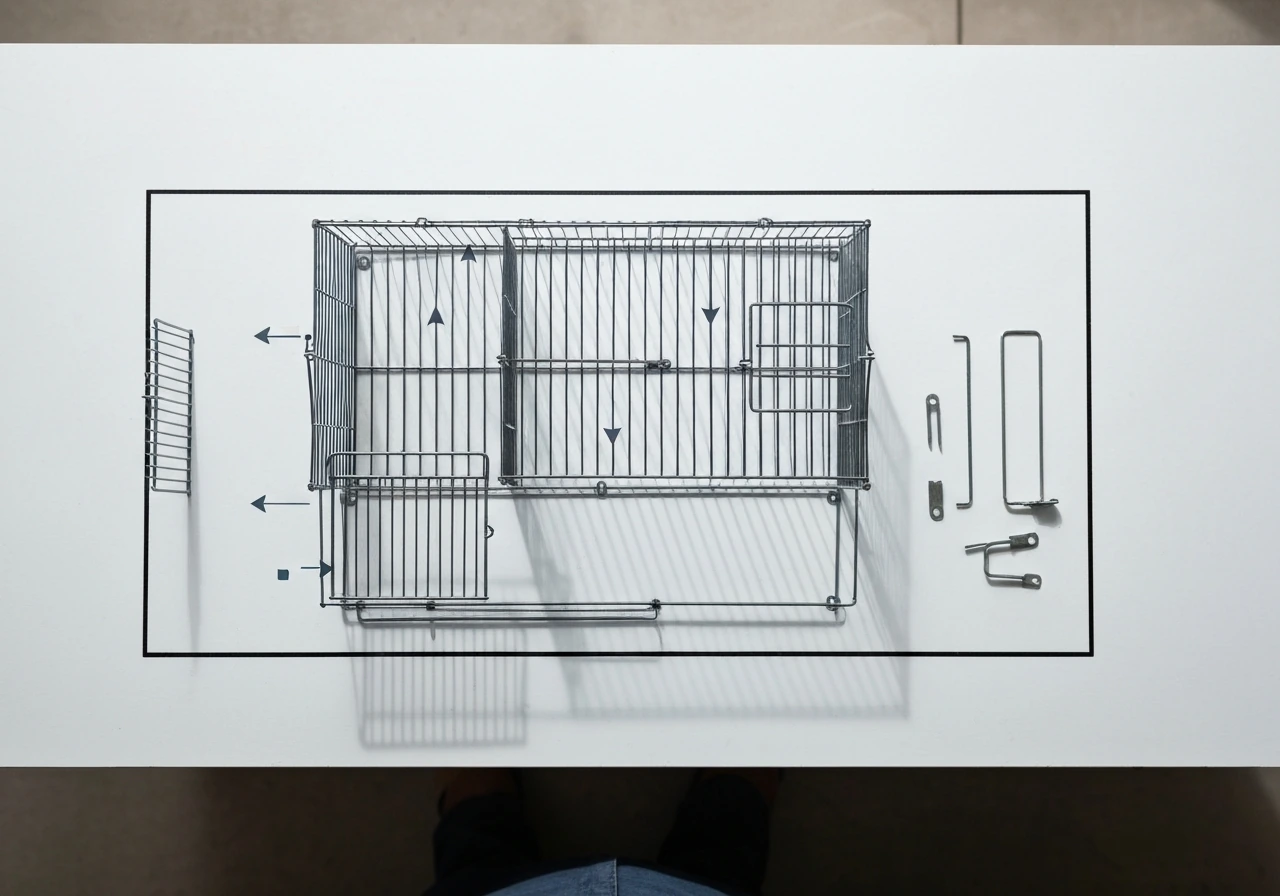 Overhead view of a broken bird cage on a workbench with replacement areas marked by arrows.