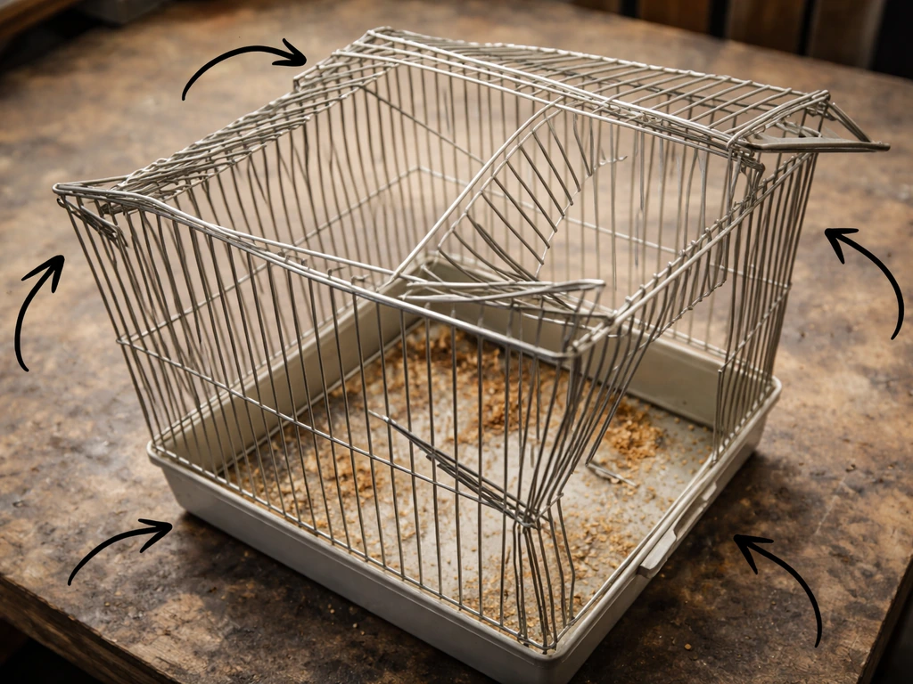 Overhead iPhone-style view of a broken bird cage with simple marker strokes pointing to damaged bars and panels.