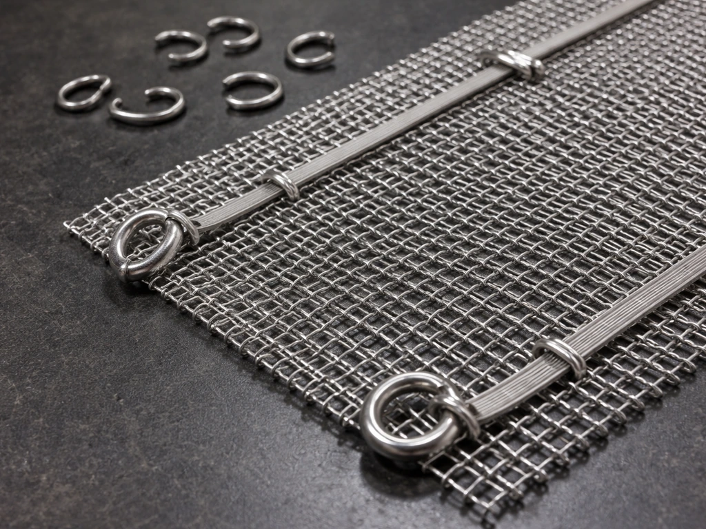 Close-up of stainless steel wire mesh patch secured with hog rings and zip ties