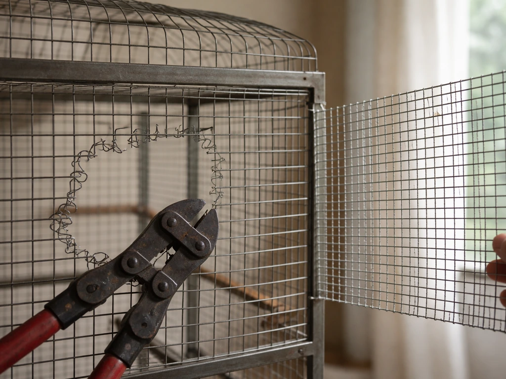 Close-up of a pet bird cage panel being removed and a new wire mesh panel aligned to the frame