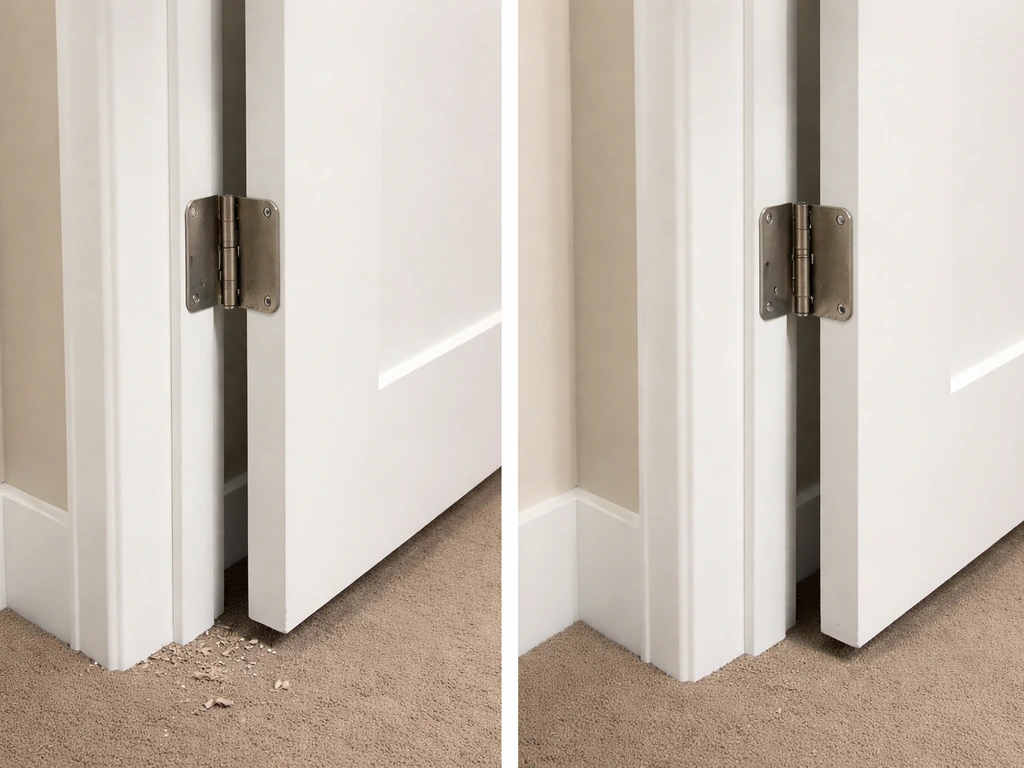 Before/after look at a repaired bent door frame with hinges and latch realigned for a flush fit.