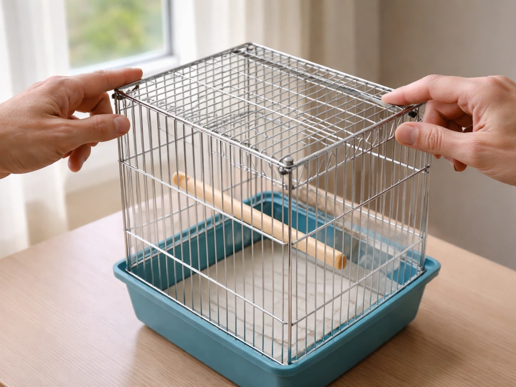 Close-up of hands gently rocking a pet bird cage to check for wobble and inspecting metal frame joints