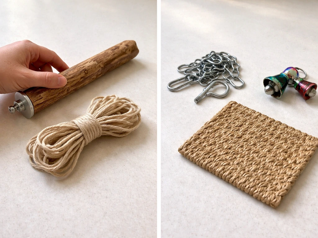 Untreated wood perch and bird-safe rope beside galvanized and painted hardware on a clean tabletop.