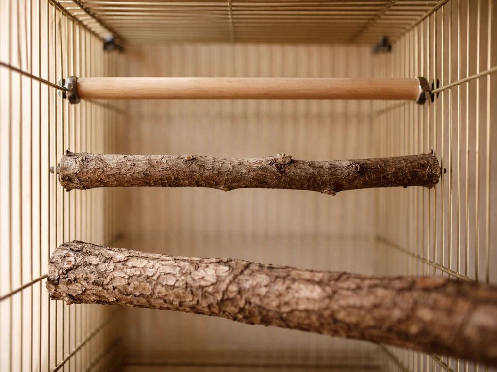 Close-up of a bird cage interior featuring multiple perches of varied diameters and textures with clear spacing.