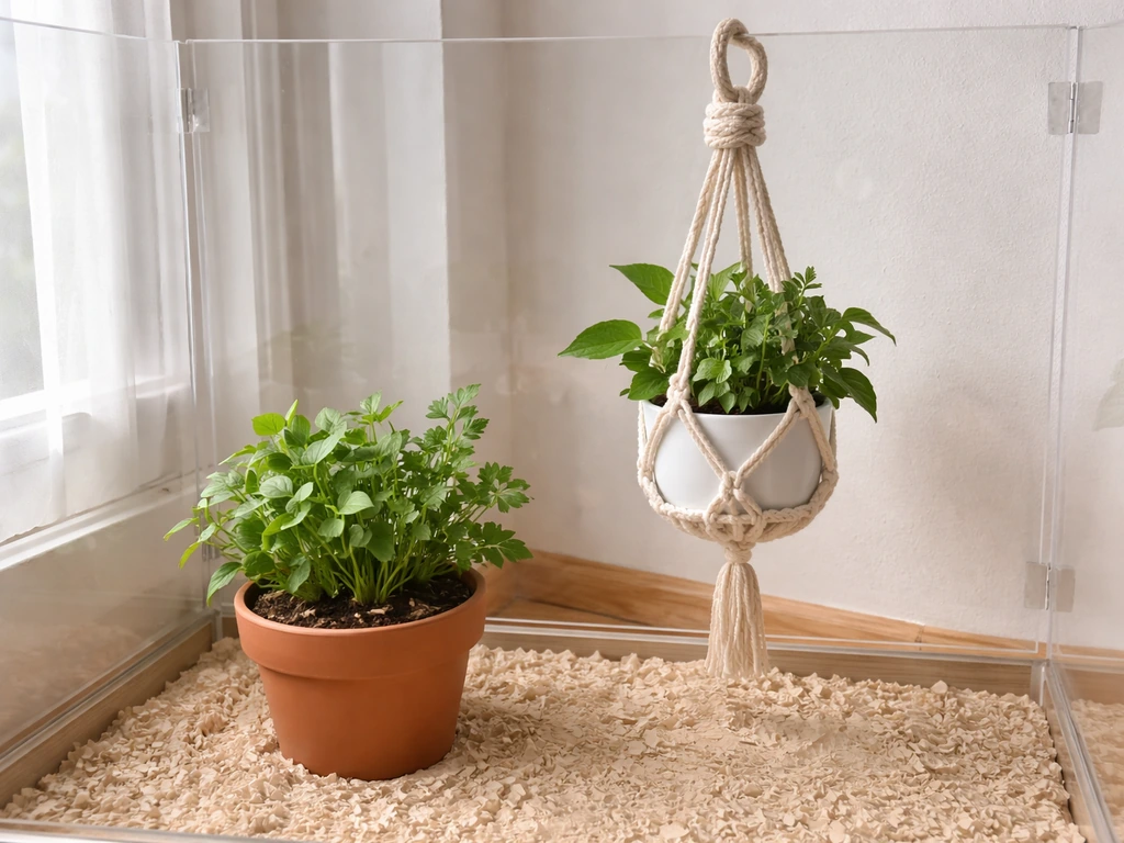 Bird-safe live plants in secure planters, arranged neatly with safe, contained placement and natural greenery.