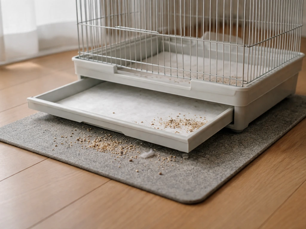 Bird cage with a lined pull-out tray and a floor mat beneath catching seeds and feathers
