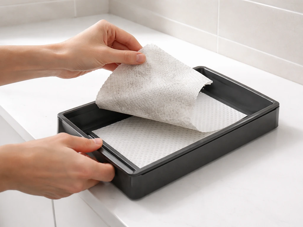 Close-up of hands peeling off a liner sheet, then pulling out a cleaning tray in a tidy bathroom.