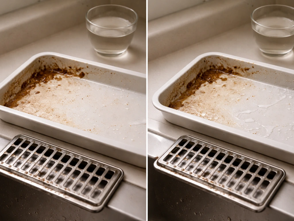 Before/after view of a dirty drain grate and tray edge with dried droppings loosened after warm-water soak.
