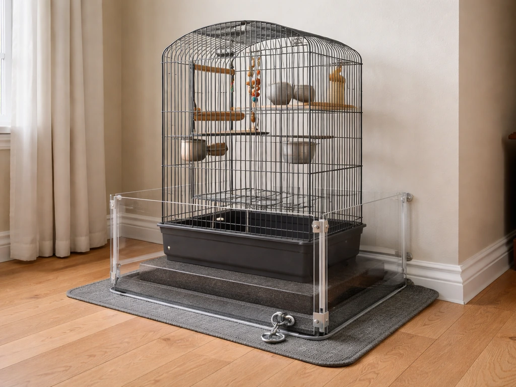 Secured bird cage indoors with visible cat-proof barrier and reinforced anchored base