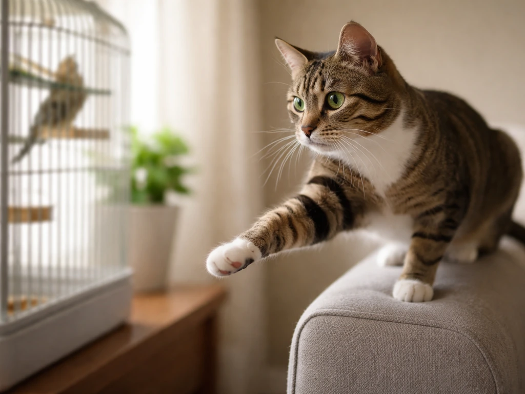 Generic domestic cat poised near a bird cage area, stretching forward as if trying to reach it.