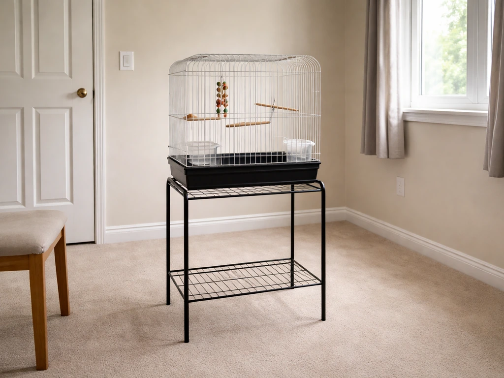 Closed-door spare room with a bird cage placed safely on a stand.